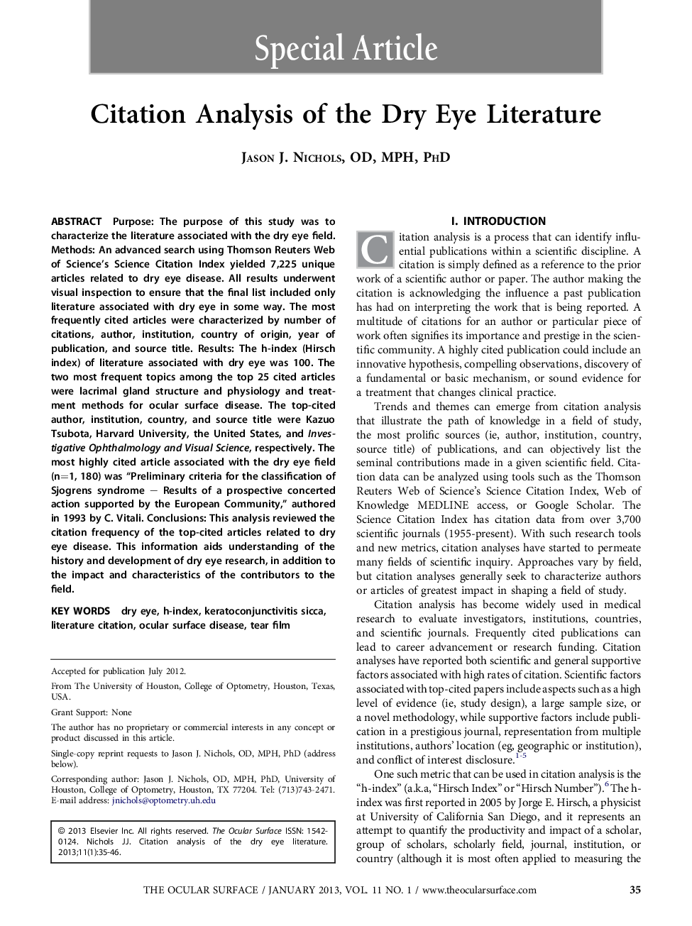 Citation Analysis of the Dry Eye Literature 
