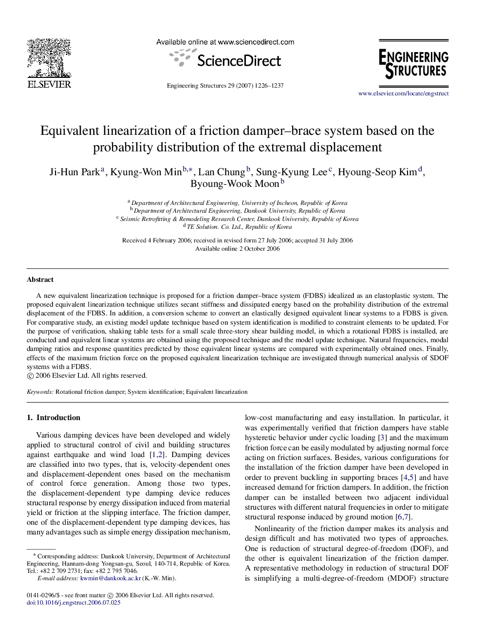 Equivalent linearization of a friction damper–brace system based on the probability distribution of the extremal displacement