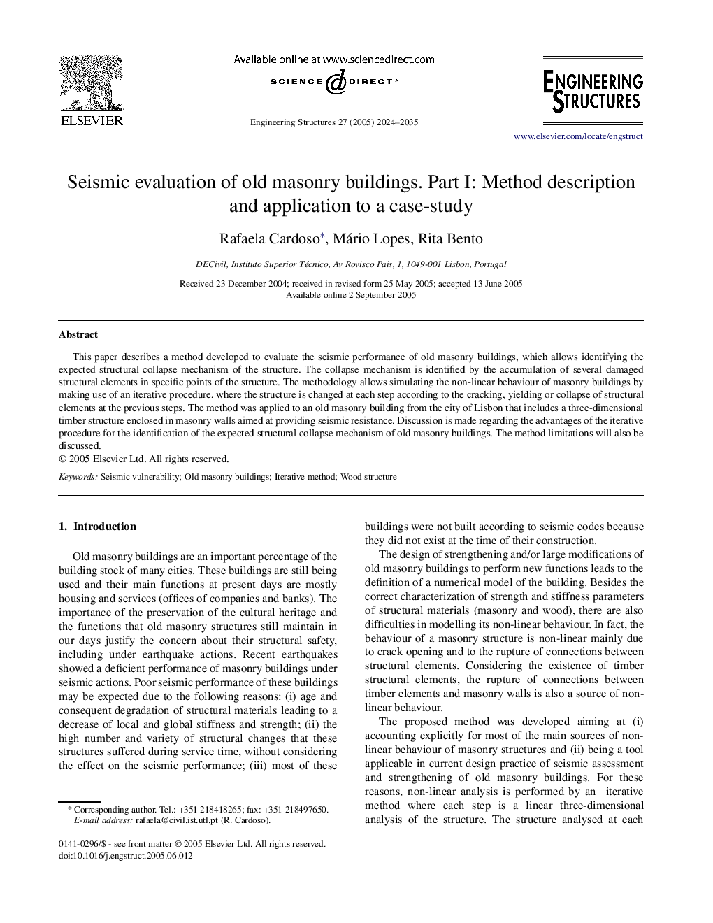 Seismic evaluation of old masonry buildings. Part I: Method description and application to a case-study