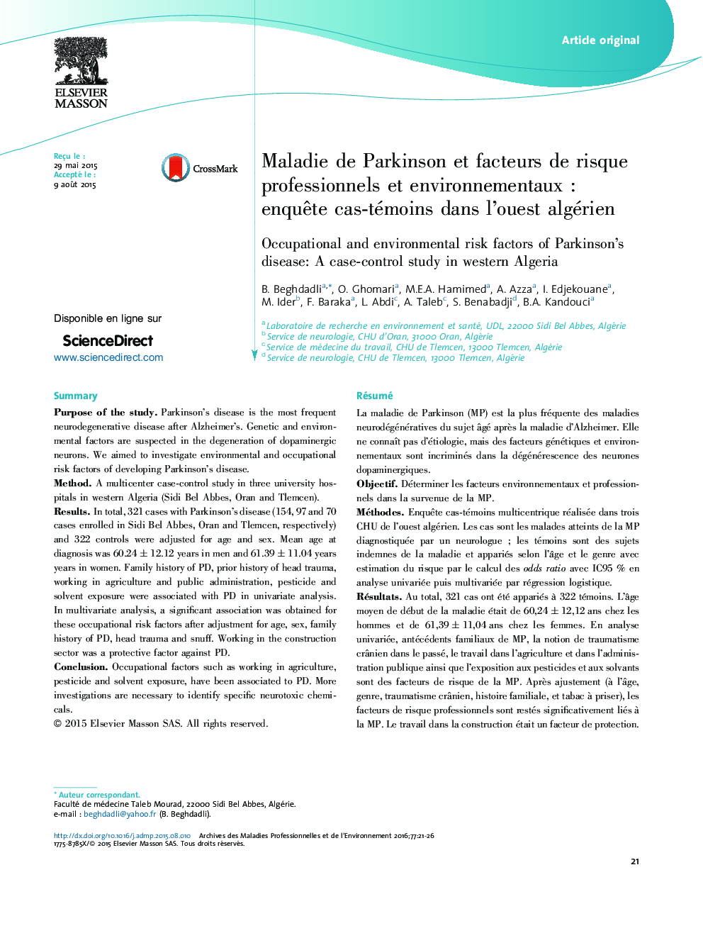 Maladie de Parkinson et facteurs de risque professionnels et environnementauxÂ : enquÃªte cas-témoins dans l'ouest algérien