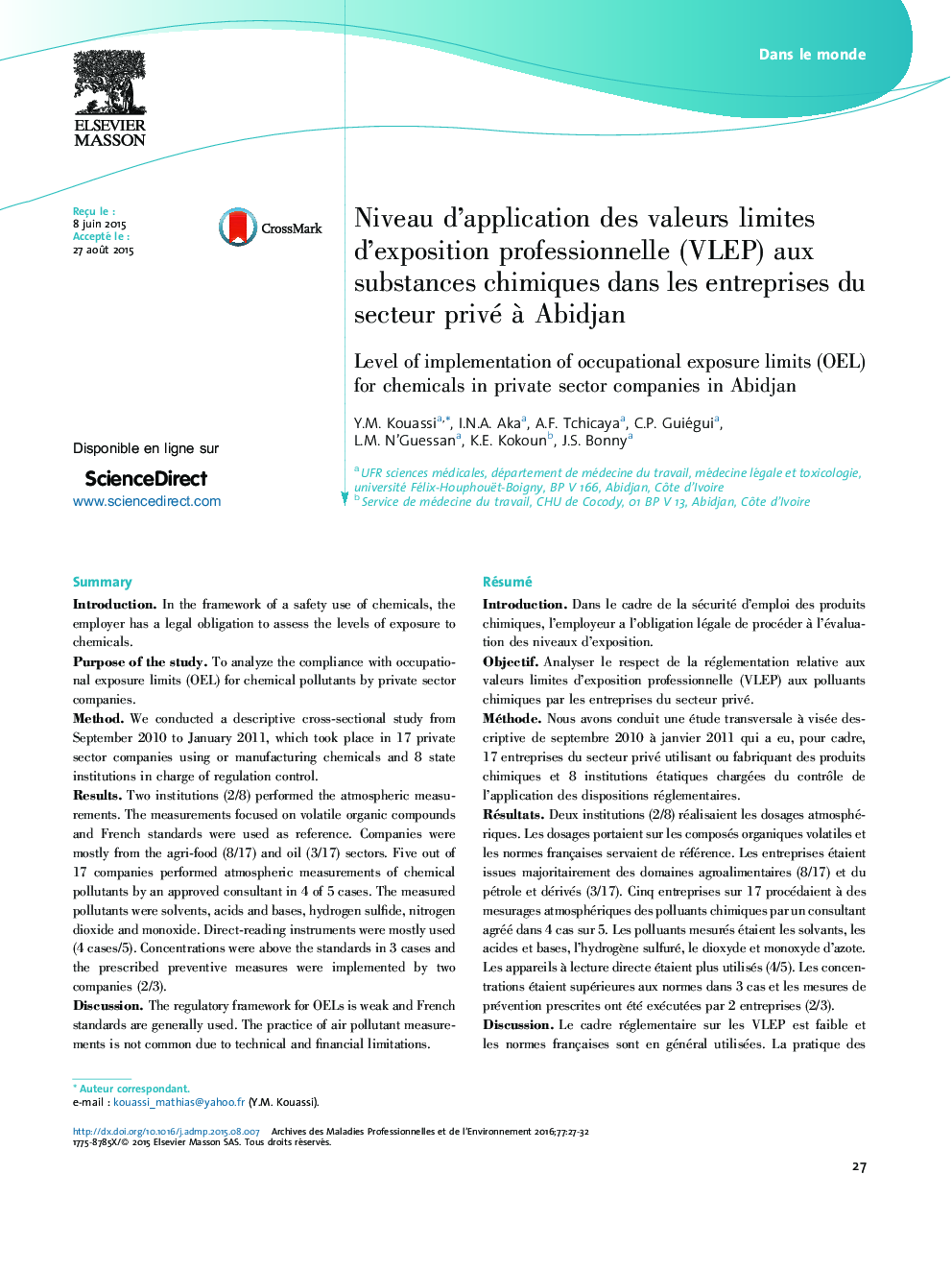 Niveau d'application des valeurs limites d'exposition professionnelle (VLEP) aux substances chimiques dans les entreprises du secteur privé Ã  Abidjan