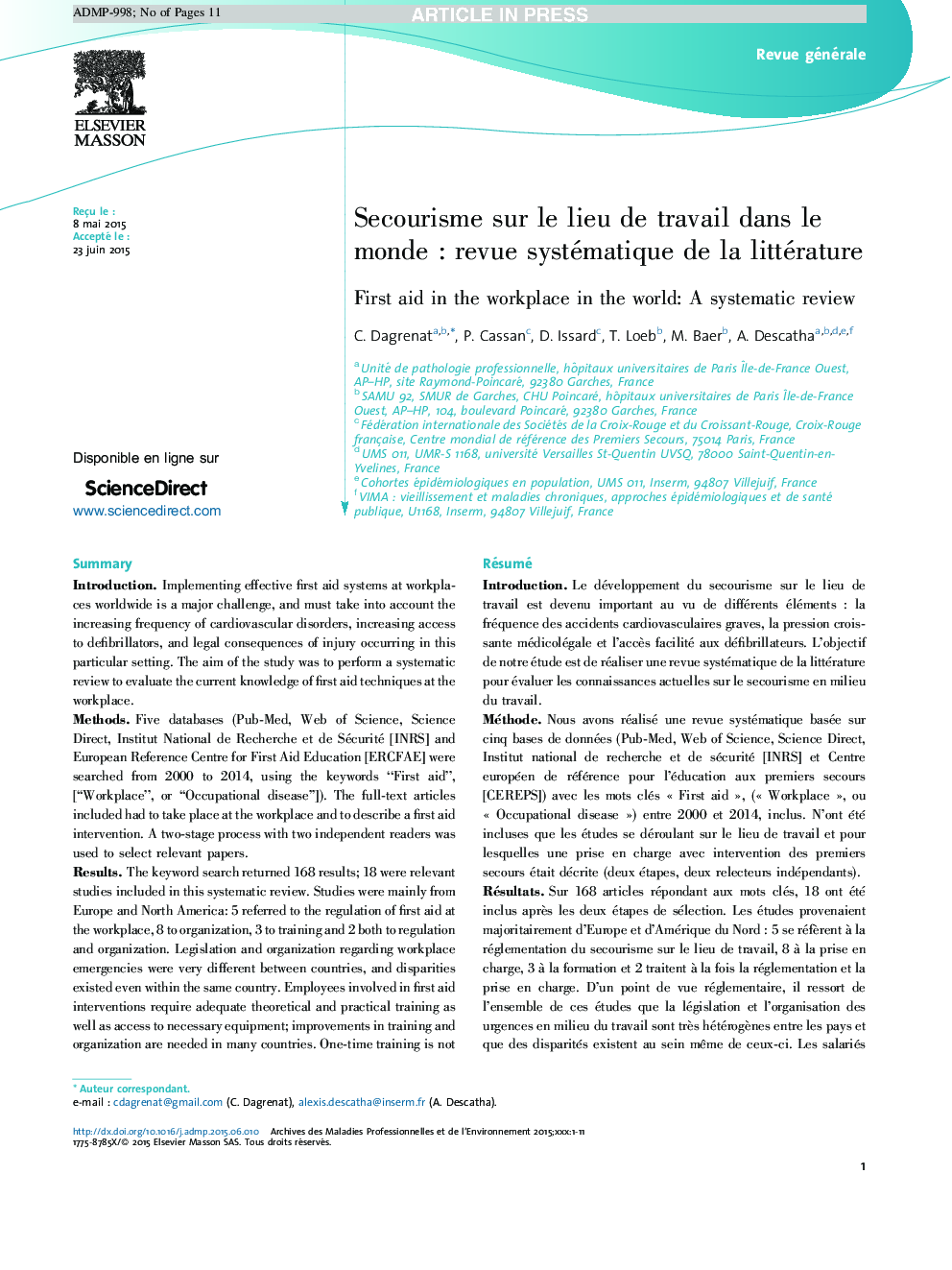 Secourisme sur le lieu de travail dans le mondeÂ : revue systématique de la littérature