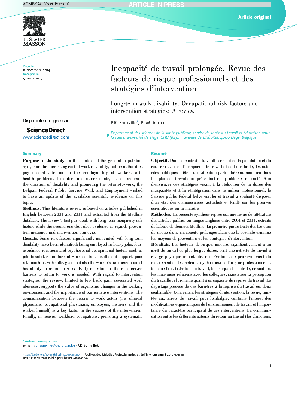 عکس صفحه اول مقاله: Incapacité de travail prolongée. Revue des facteurs de risque professionnels et des stratégies d'intervention Incapacité de travail prolongée. Revue des facteurs de risque professionnels et des stratégies d'intervention