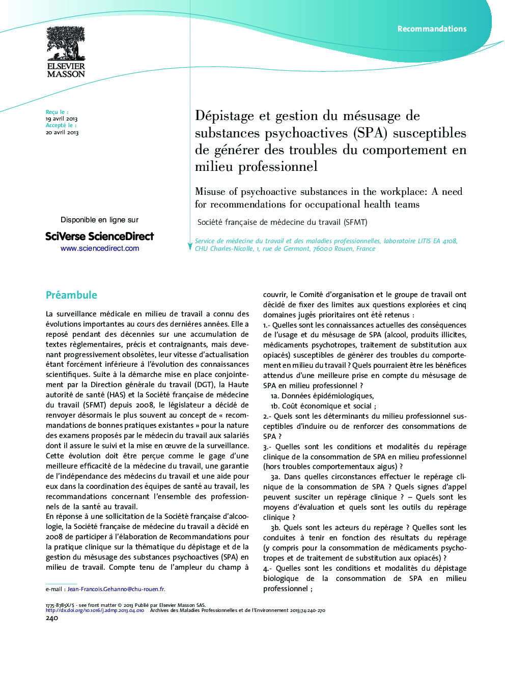 عکس صفحه اول مقاله: Dépistage et gestion du mésusage de substances psychoactives (SPA) susceptibles de générer des troubles du comportement en milieu professionnel Dépistage et gestion du mésusage de substances psychoactives (SPA) susceptibles de générer des troubles du comportement en milieu professionnel