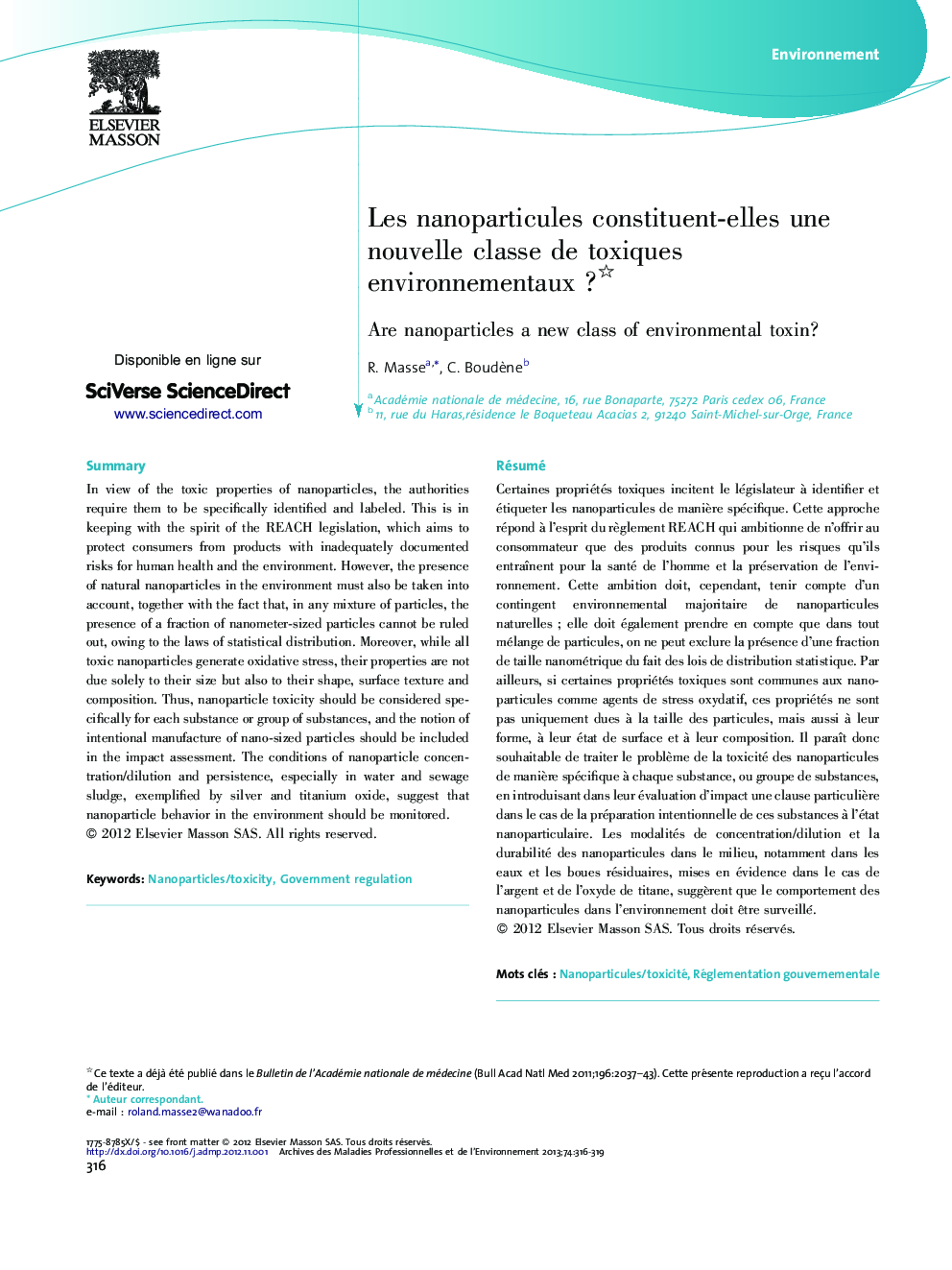 Les nanoparticules constituent-elles une nouvelle classe de toxiques environnementauxÂ ?