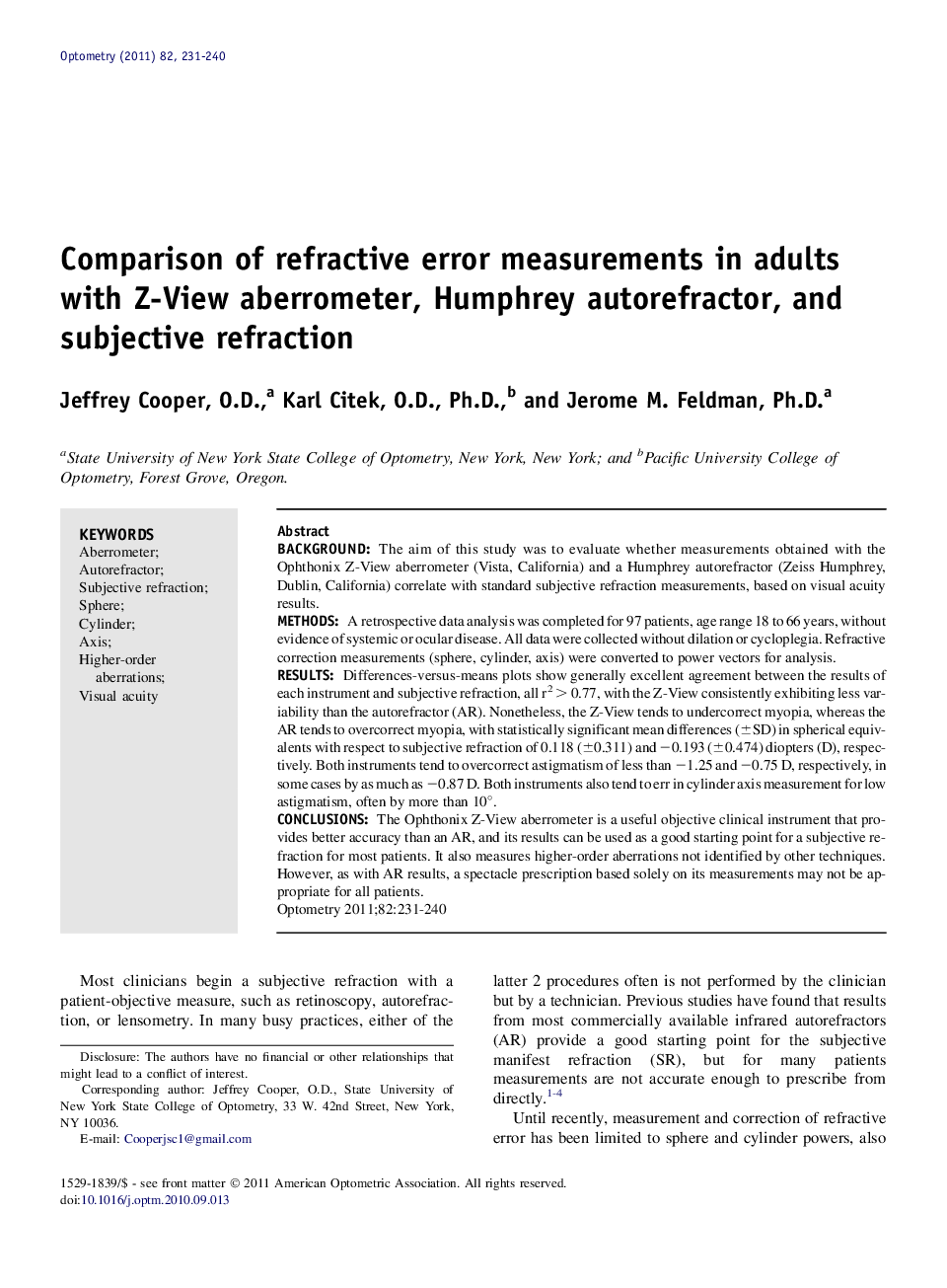 Comparison of refractive error measurements in adults with Z-View aberrometer, Humphrey autorefractor, and subjective refraction 