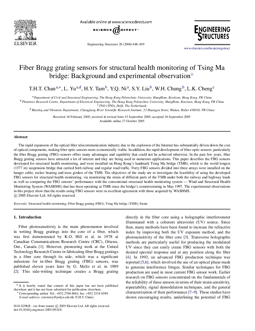 Fiber Bragg grating sensors for structural health monitoring of Tsing Ma bridge: Background and experimental observation 