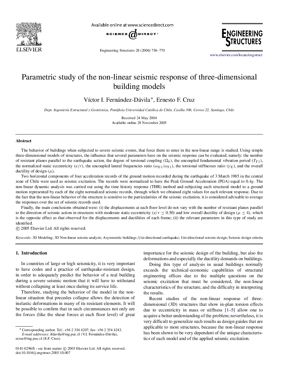 Parametric study of the non-linear seismic response of three-dimensional building models