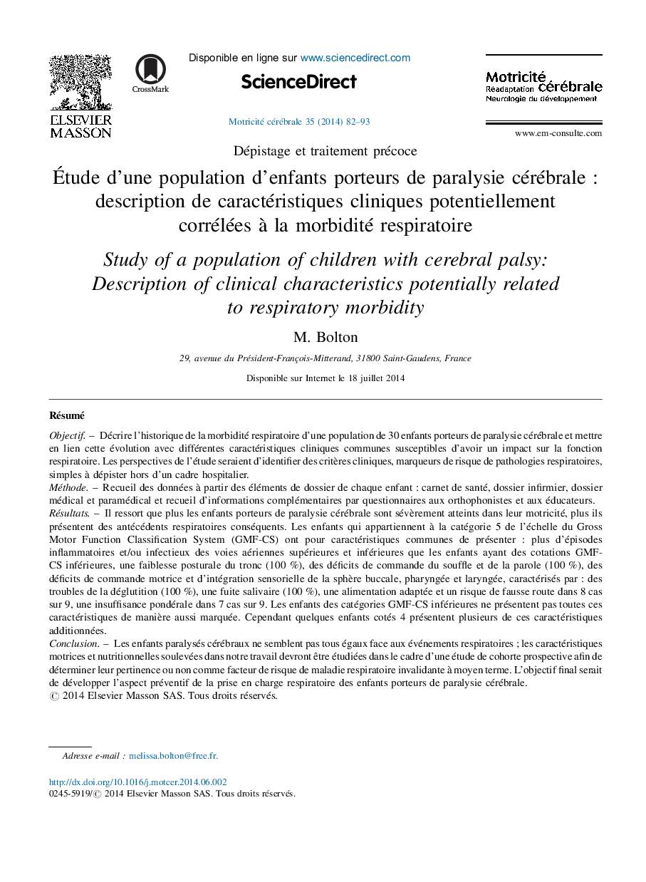 Ãtude d'une population d'enfants porteurs de paralysie cérébraleÂ : description de caractéristiques cliniques potentiellement corrélées Ã  la morbidité respiratoire