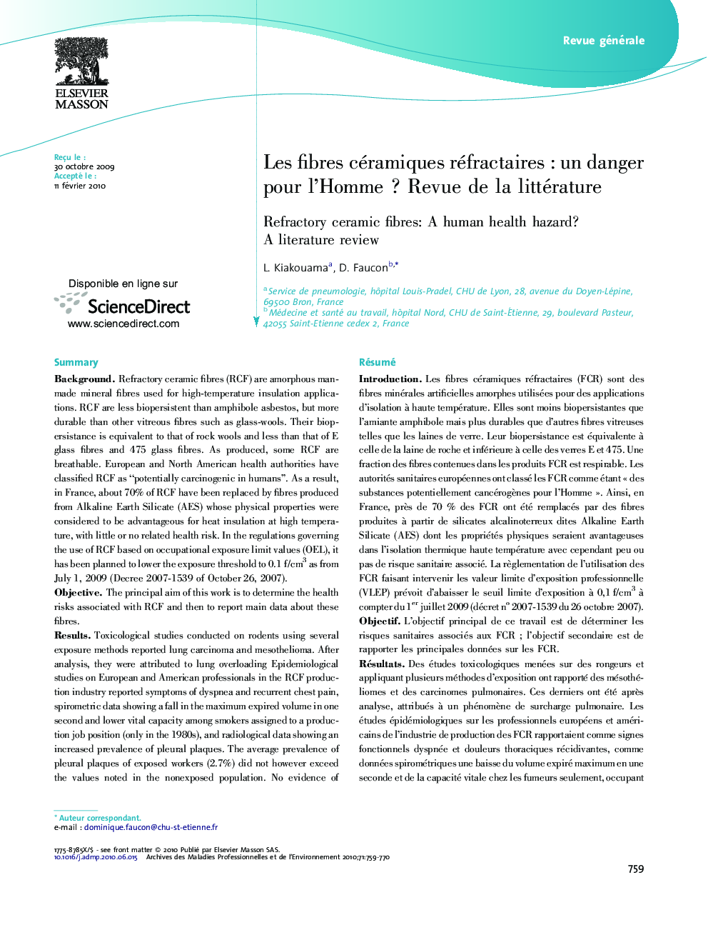 Les fibres céramiques réfractairesÂ : un danger pour l'HommeÂ ? Revue de la littérature