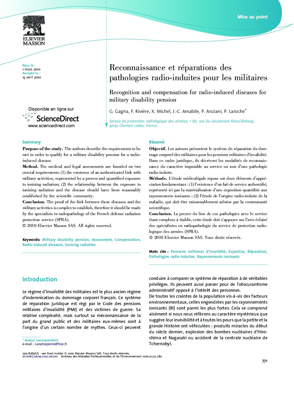 Reconnaissance et réparations des pathologies radio-induites pour les militaires