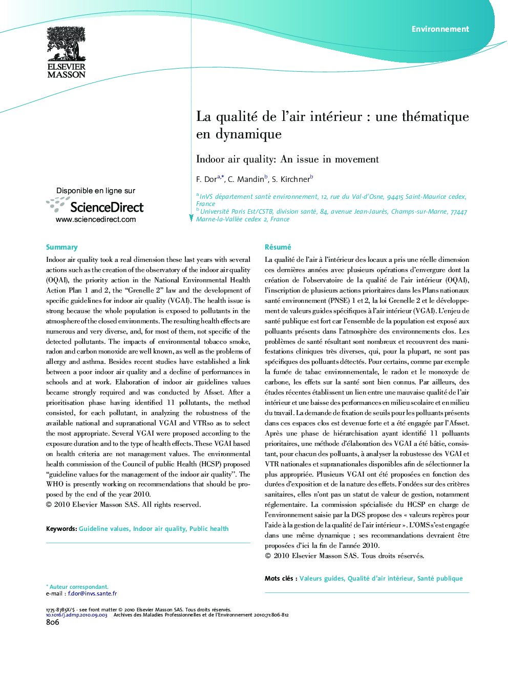 La qualité de l'air intérieurÂ : une thématique en dynamique