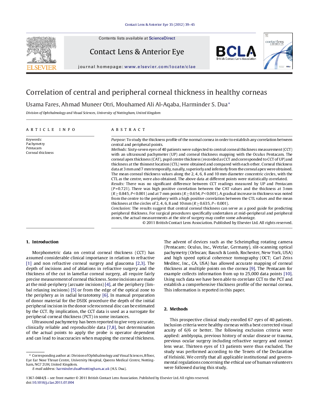 Correlation of central and peripheral corneal thickness in healthy corneas