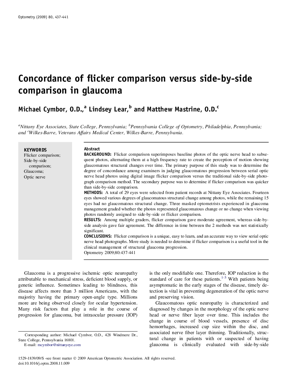 Concordance of flicker comparison versus side-by-side comparison in glaucoma