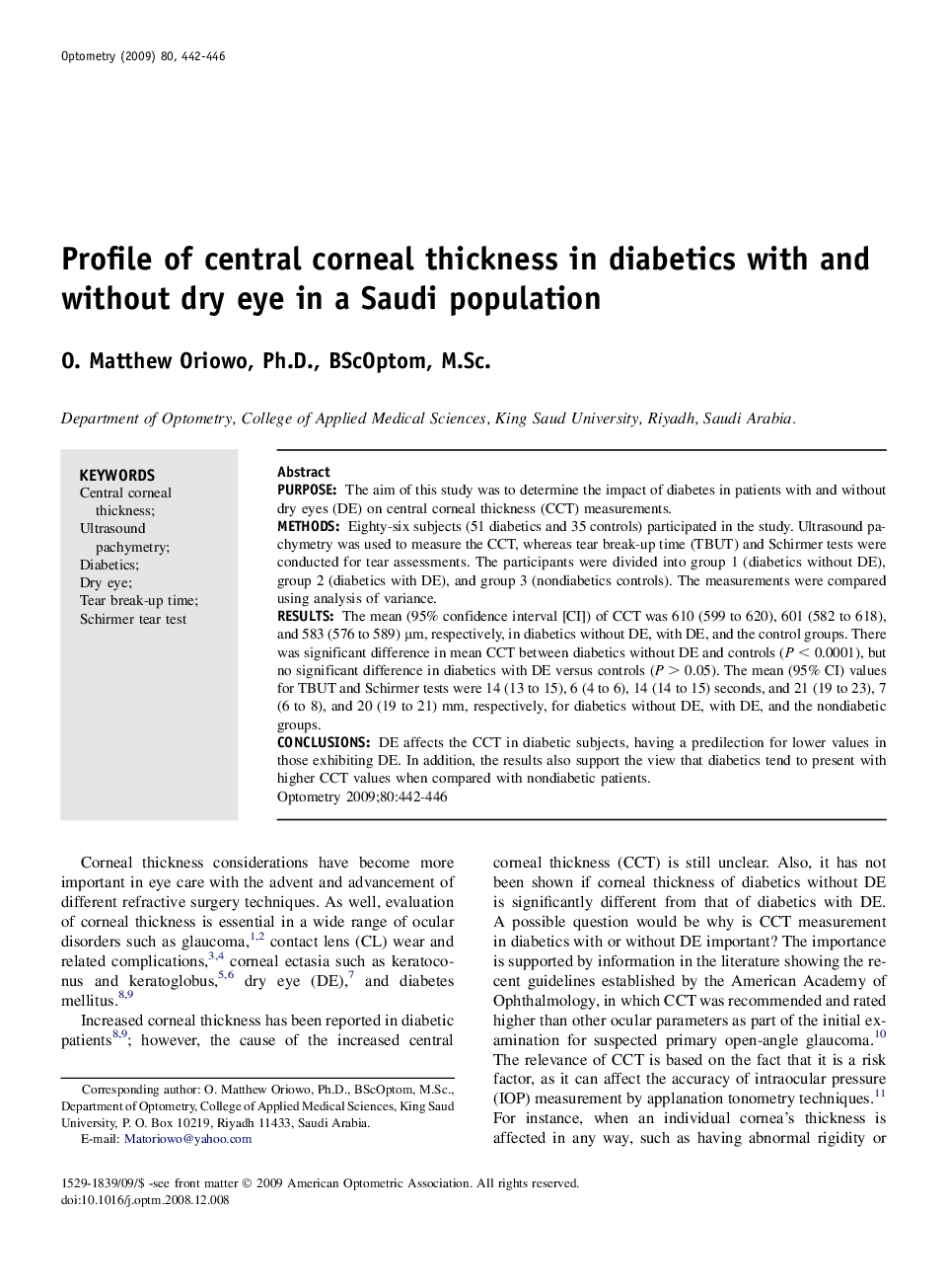 Profile of central corneal thickness in diabetics with and without dry eye in a Saudi population