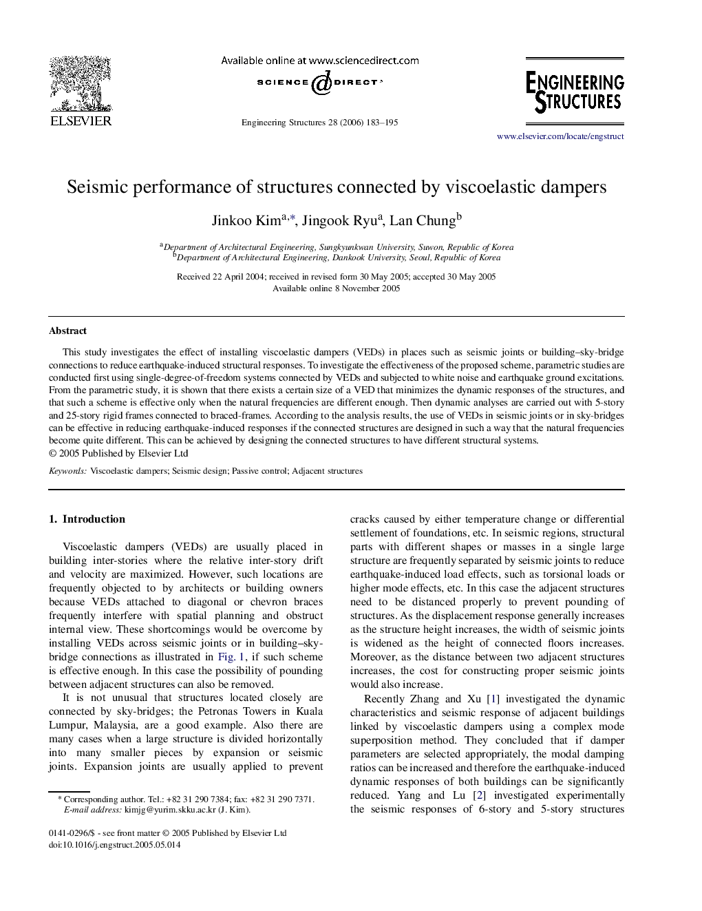 Seismic performance of structures connected by viscoelastic dampers