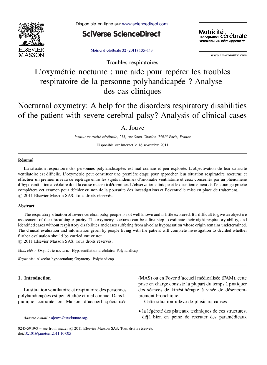 L'oxymétrie nocturneÂ : une aide pour repérer les troubles respiratoire de la personne polyhandicapéeÂ ? Analyse des cas cliniques