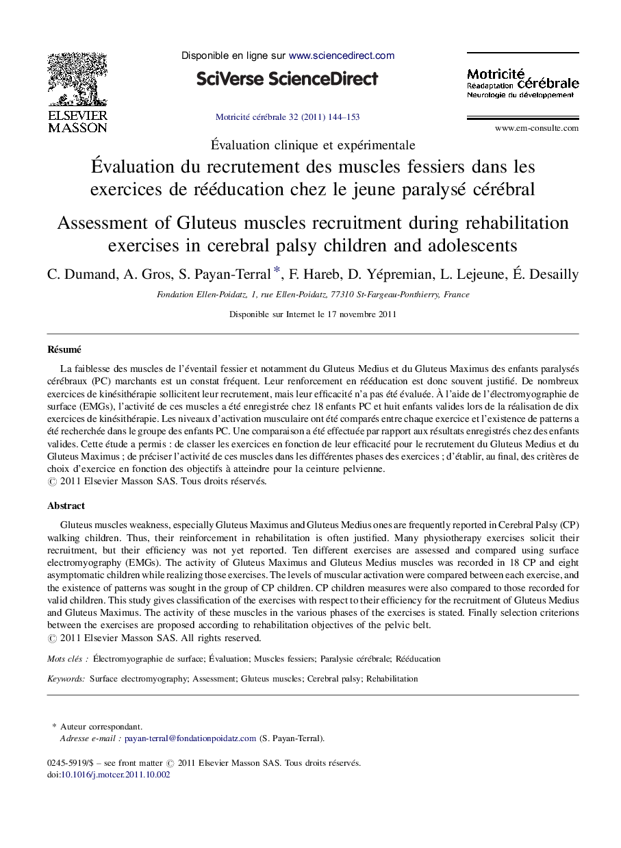 Ãvaluation du recrutement des muscles fessiers dans les exercices de rééducation chez le jeune paralysé cérébral