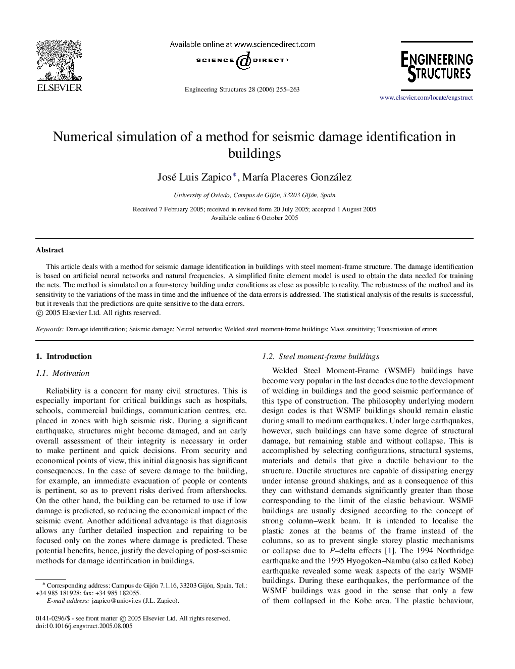 Numerical simulation of a method for seismic damage identification in buildings