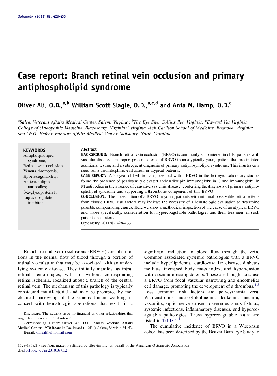 Case report: Branch retinal vein occlusion and primary antiphospholipid syndrome 