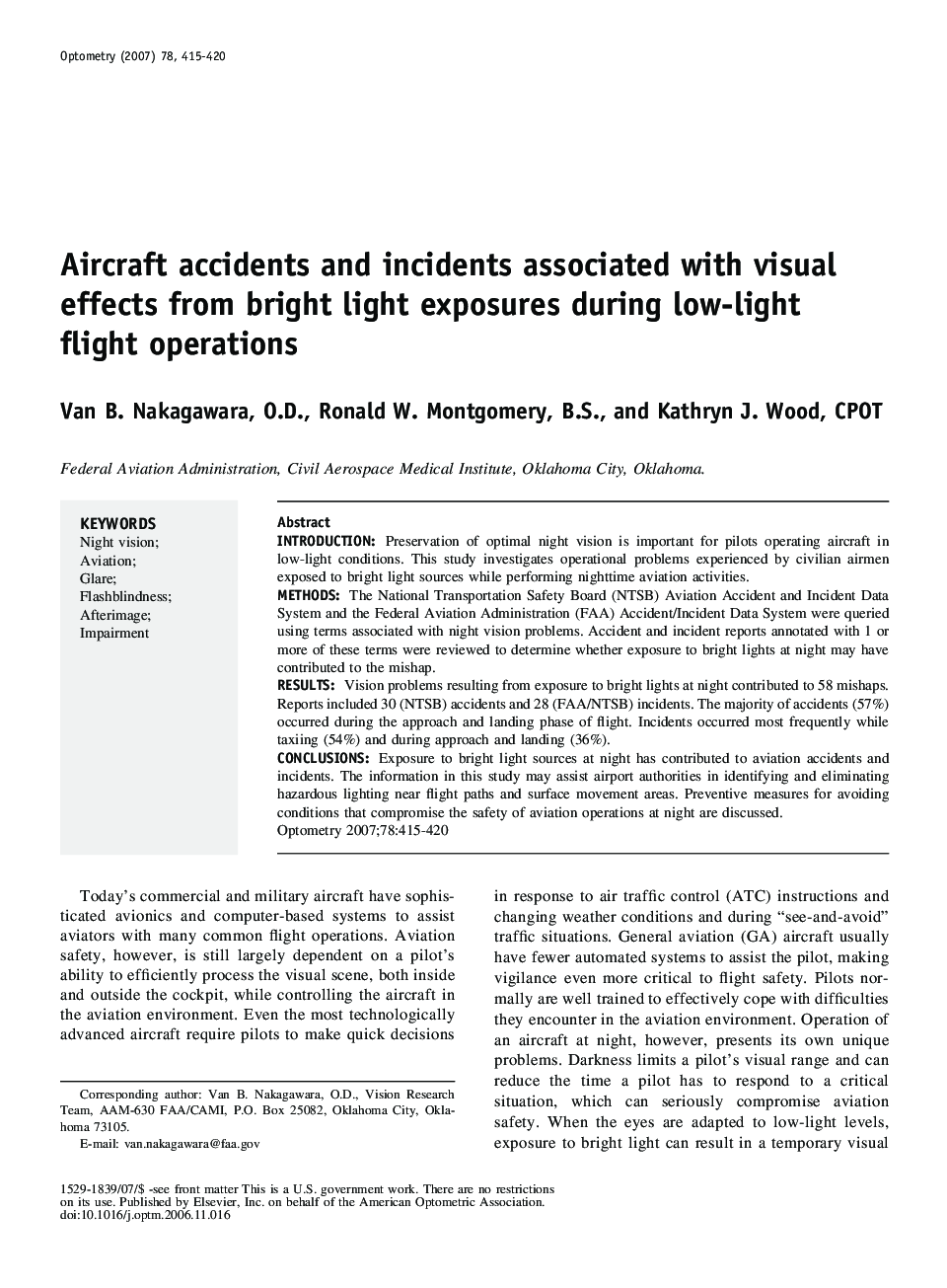 Aircraft accidents and incidents associated with visual effects from bright light exposures during low-light flight operations
