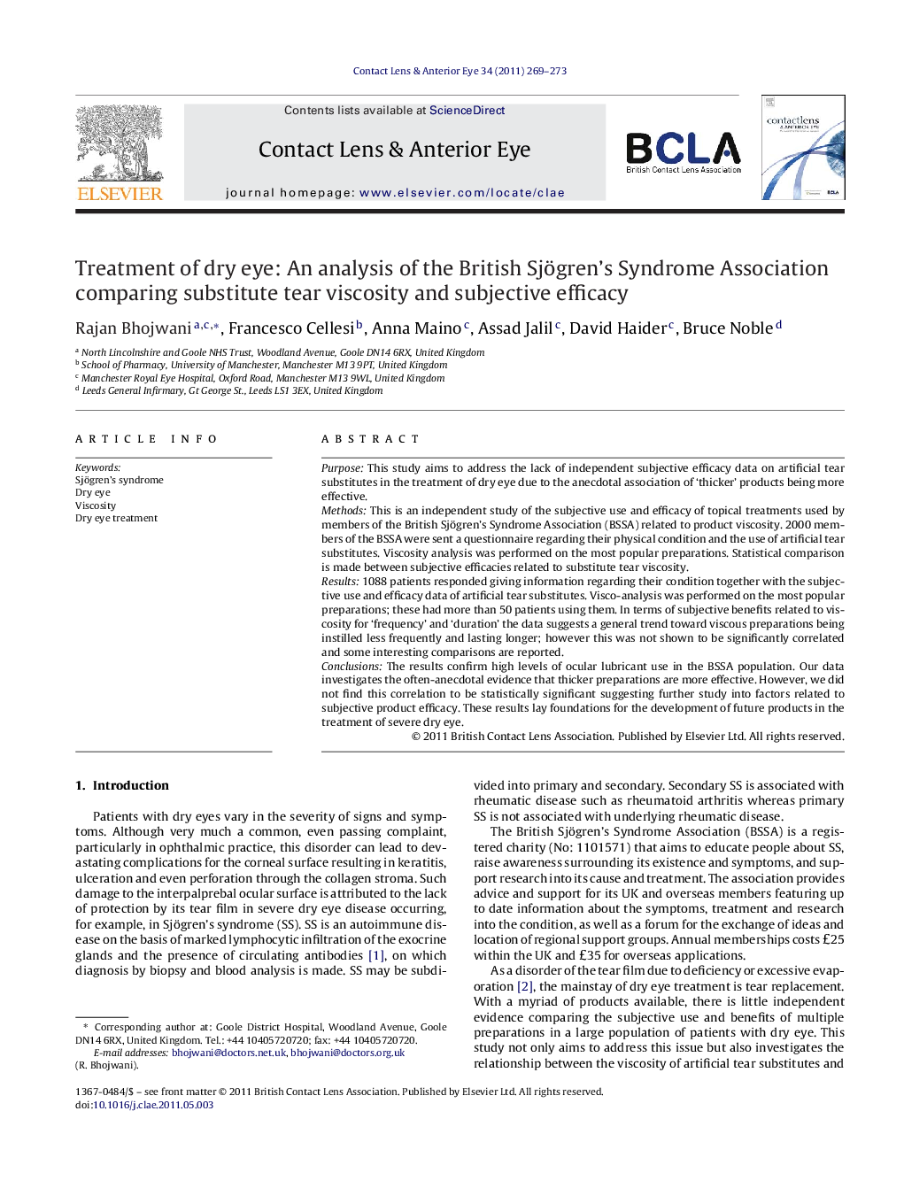 Treatment of dry eye: An analysis of the British Sjögren's Syndrome Association comparing substitute tear viscosity and subjective efficacy