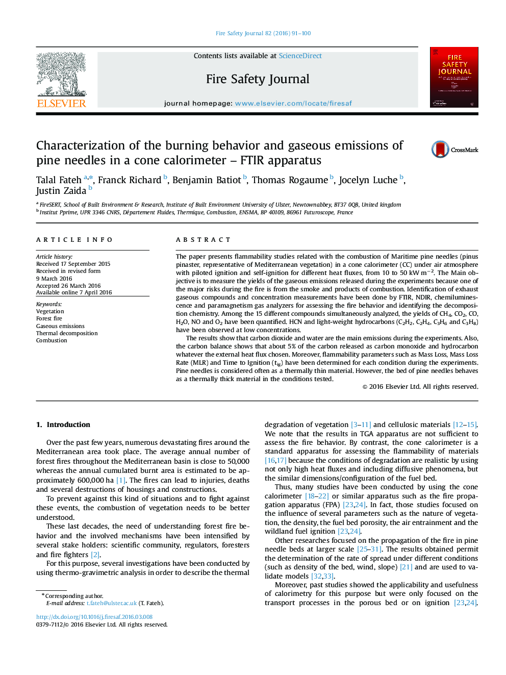 Characterization of the burning behavior and gaseous emissions of pine needles in a cone calorimeter – FTIR apparatus