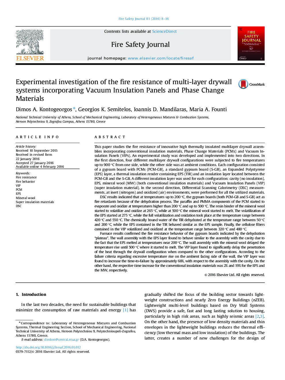 Experimental investigation of the fire resistance of multi-layer drywall systems incorporating Vacuum Insulation Panels and Phase Change Materials