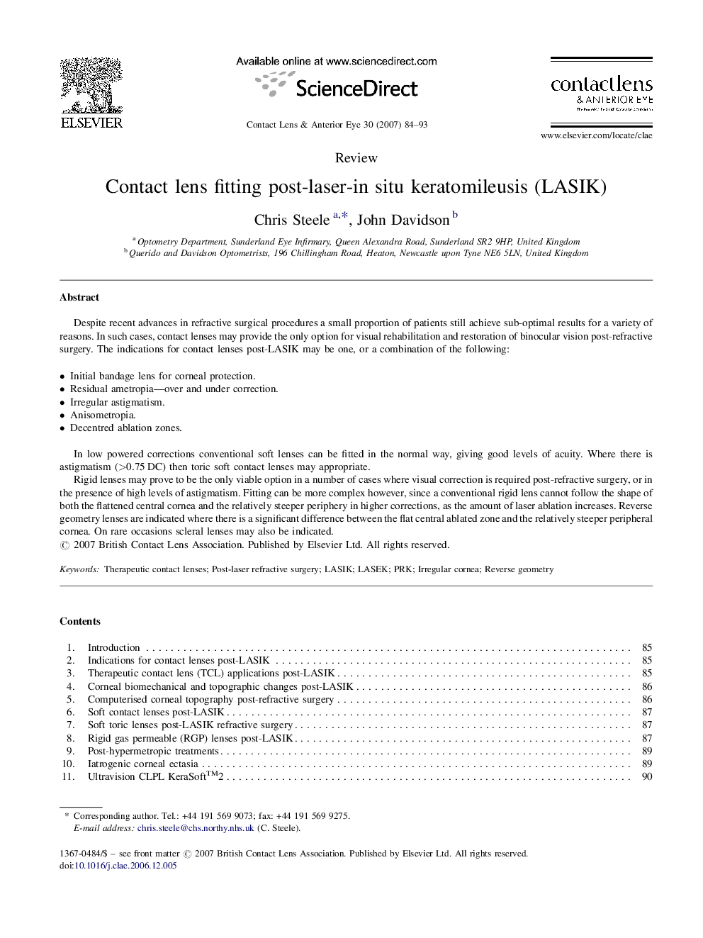 Contact lens fitting post-laser-in situ keratomileusis (LASIK)