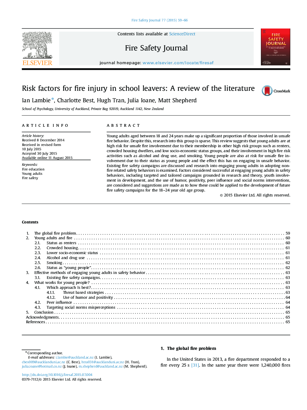 Risk factors for fire injury in school leavers: A review of the literature