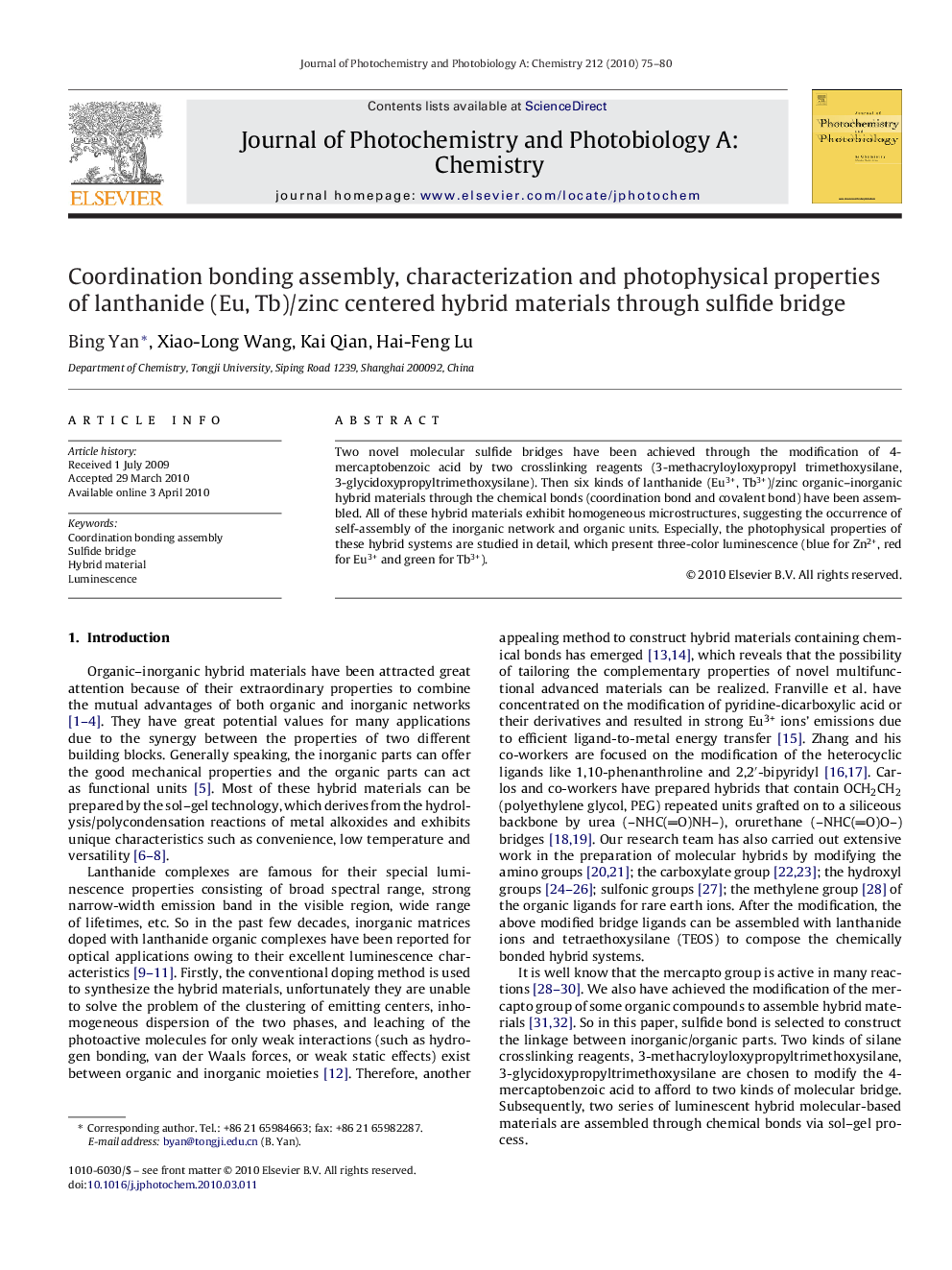 عکس صفحه اول مقاله: Coordination bonding assembly, characterization and photophysical properties of lanthanide (Eu, Tb)/zinc centered hybrid materials through sulfide bridge Coordination bonding assembly, characterization and photophysical properties of lanthanide (Eu, Tb)/zinc centered hybrid materials through sulfide bridge