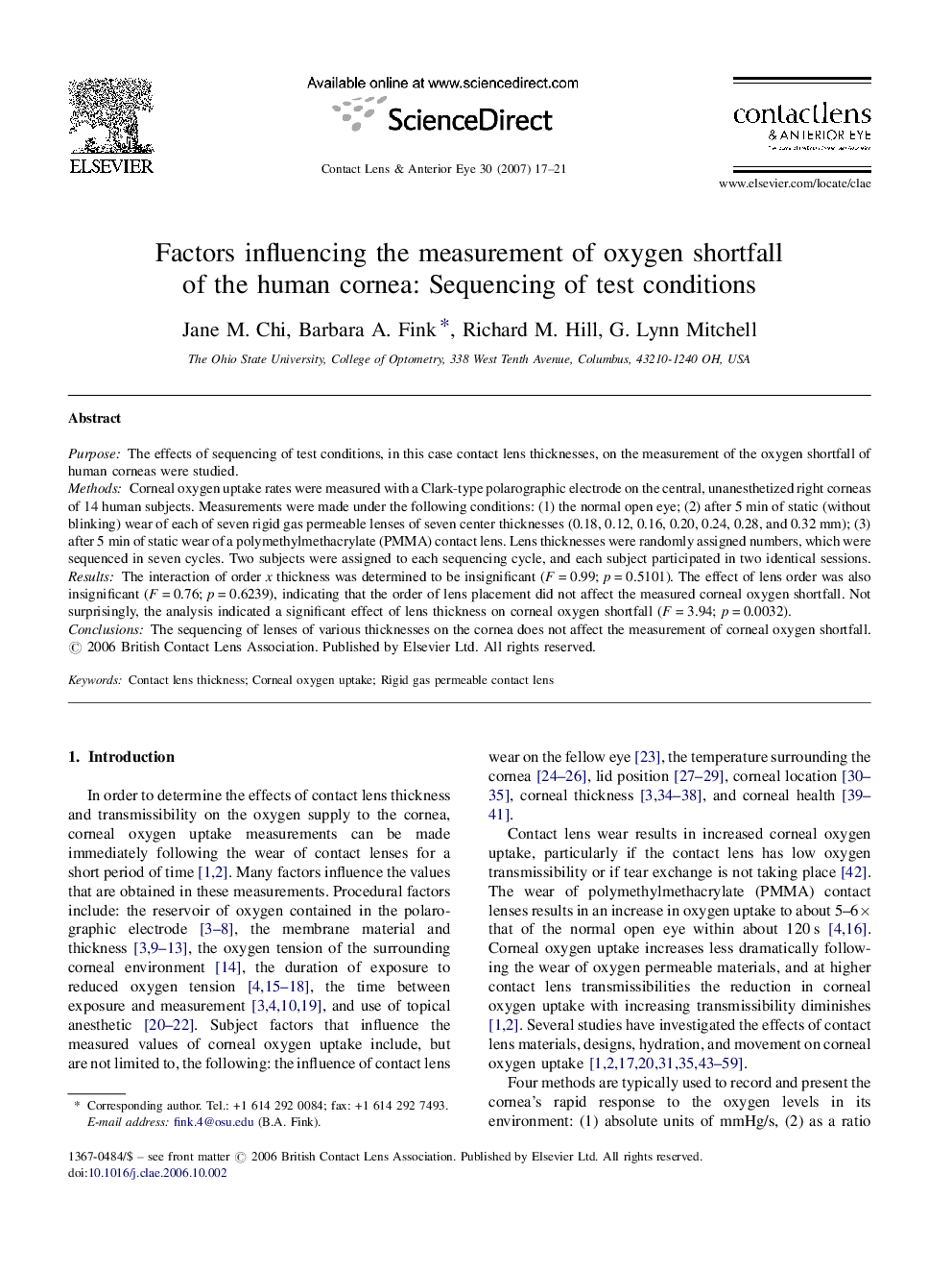 Factors influencing the measurement of oxygen shortfall of the human cornea: Sequencing of test conditions