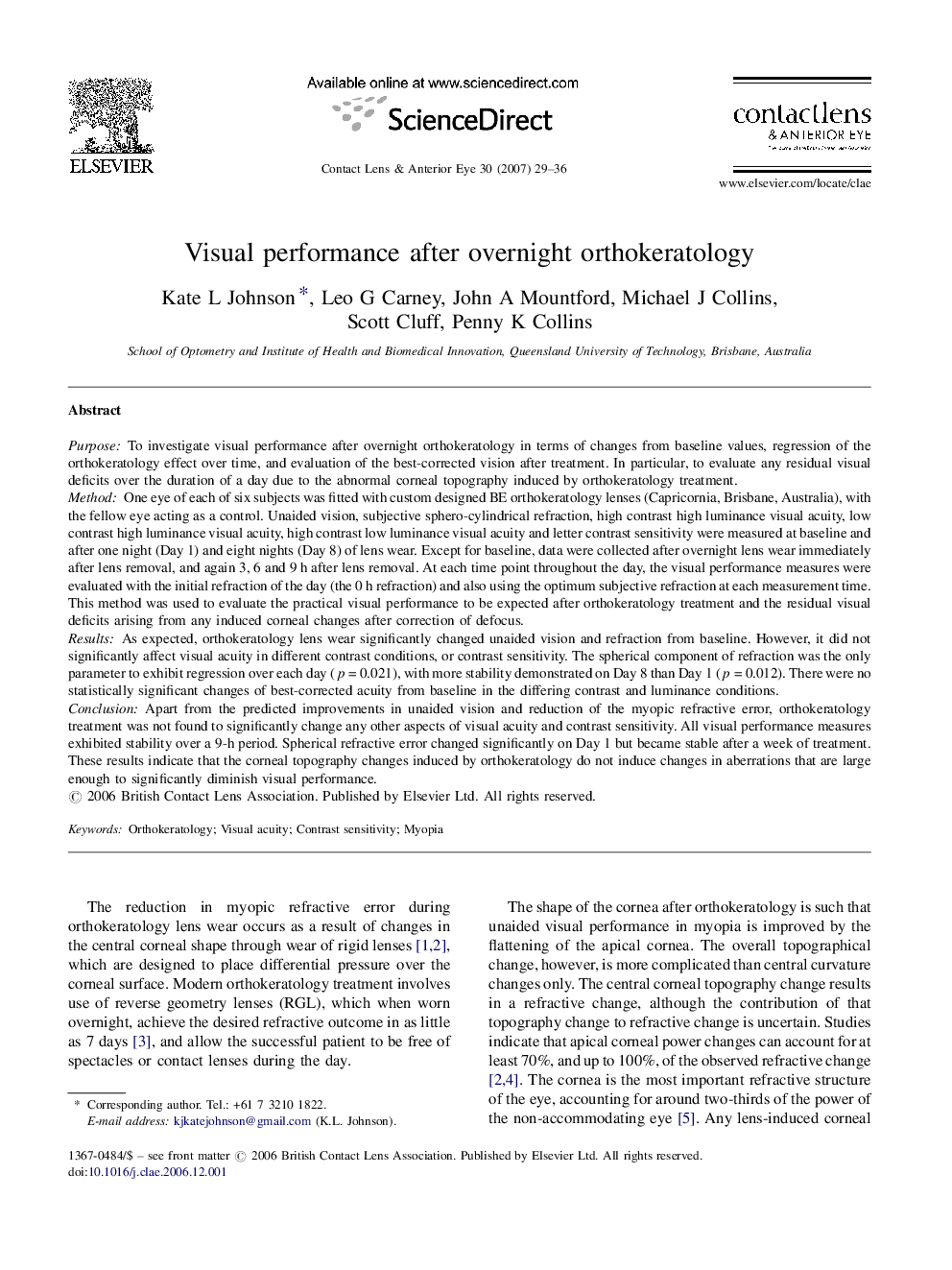 Visual performance after overnight orthokeratology