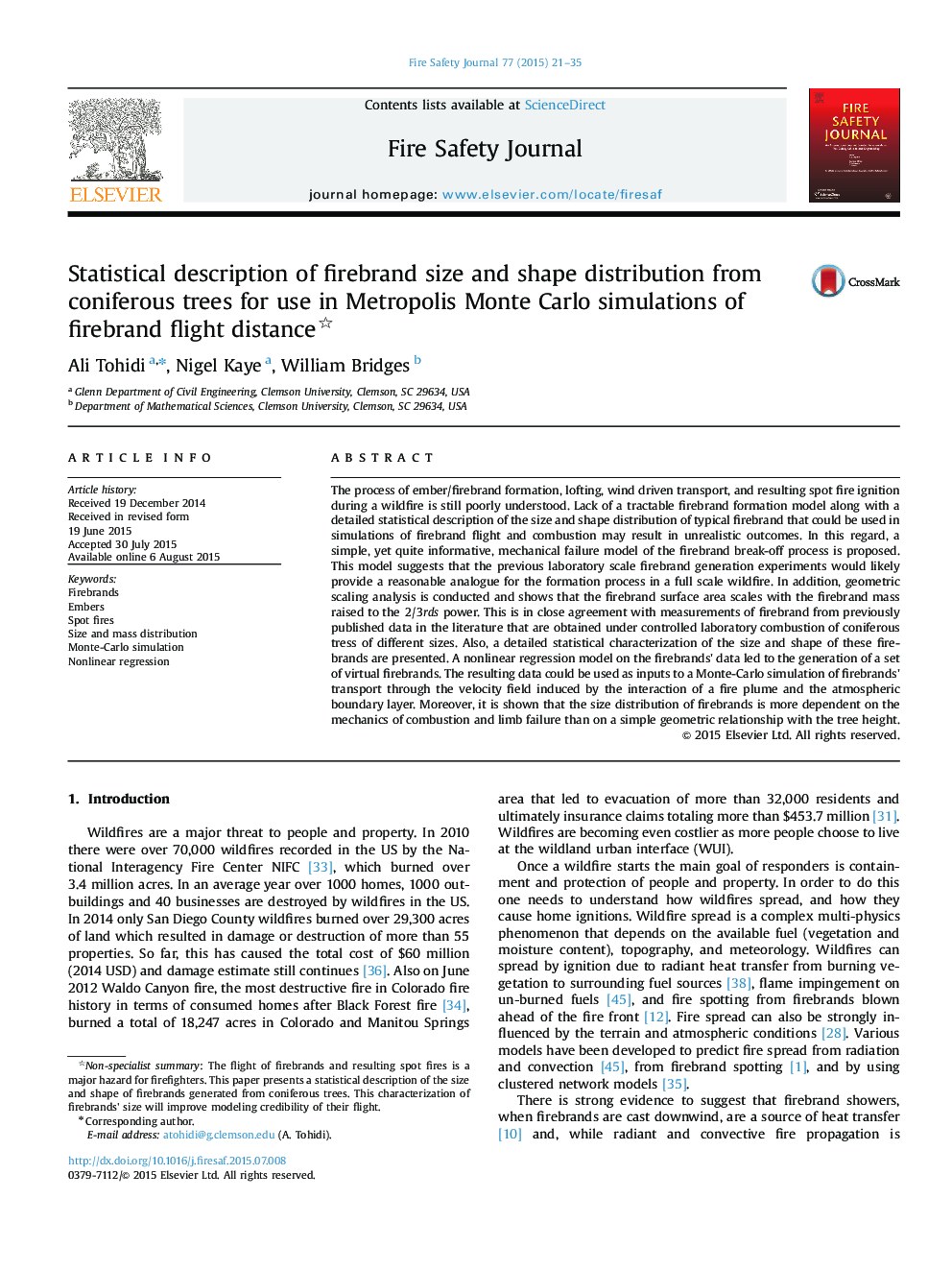 Statistical description of firebrand size and shape distribution from coniferous trees for use in Metropolis Monte Carlo simulations of firebrand flight distance 