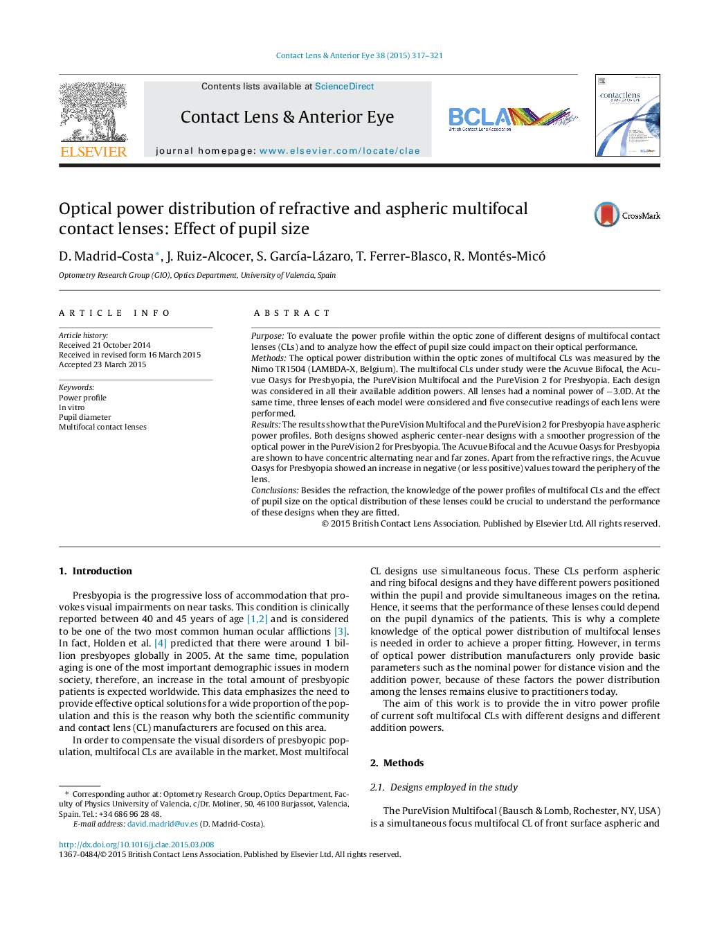 Optical power distribution of refractive and aspheric multifocal contact lenses: Effect of pupil size