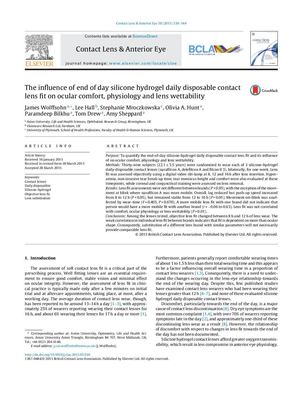 The influence of end of day silicone hydrogel daily disposable contact lens fit on ocular comfort, physiology and lens wettability