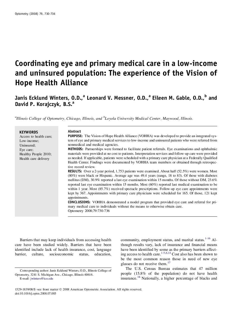 Coordinating eye and primary medical care in a low-income and uninsured population: The experience of the Vision of Hope Health Alliance