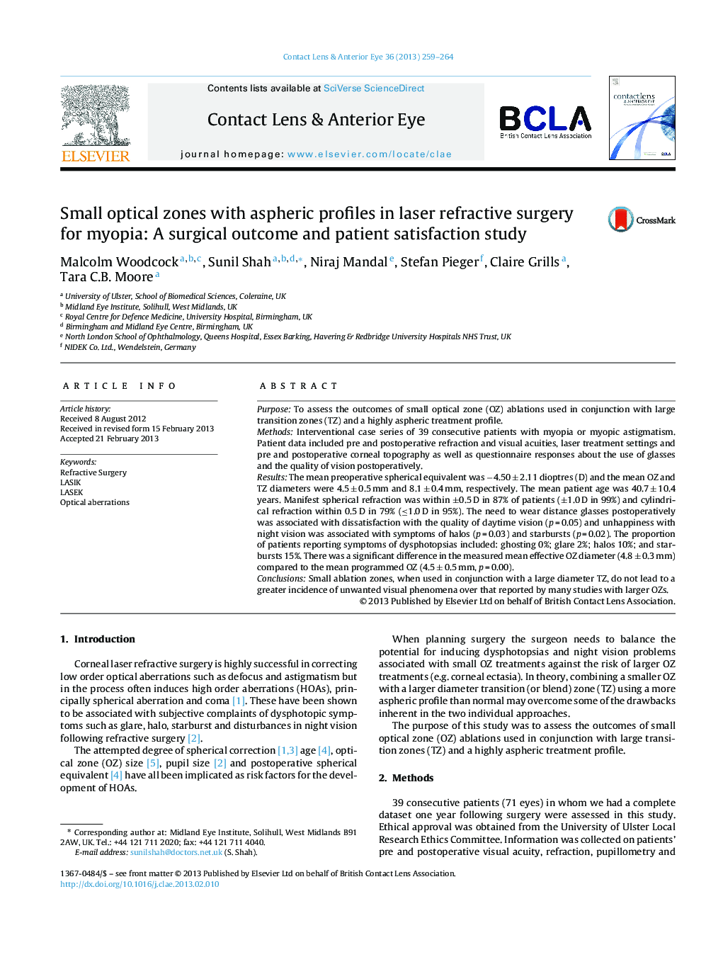 عکس صفحه اول مقاله: Small optical zones with aspheric profiles in laser refractive surgery for myopia: A surgical outcome and patient satisfaction study Small optical zones with aspheric profiles in laser refractive surgery for myopia: A surgical outcome and patient satisfaction study