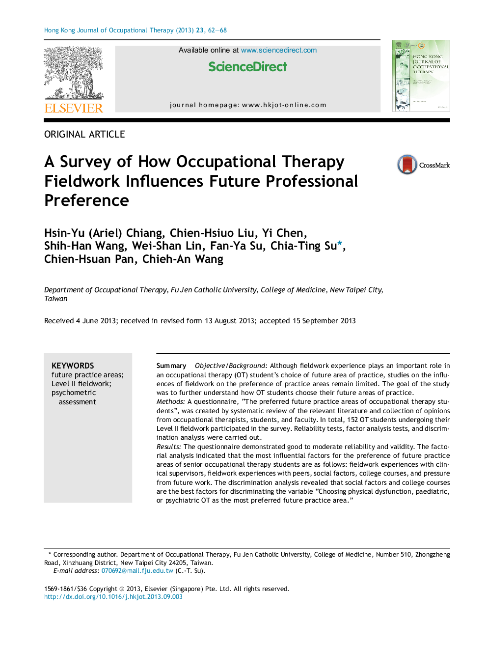 A Survey of How Occupational Therapy Fieldwork Influences Future Professional Preference