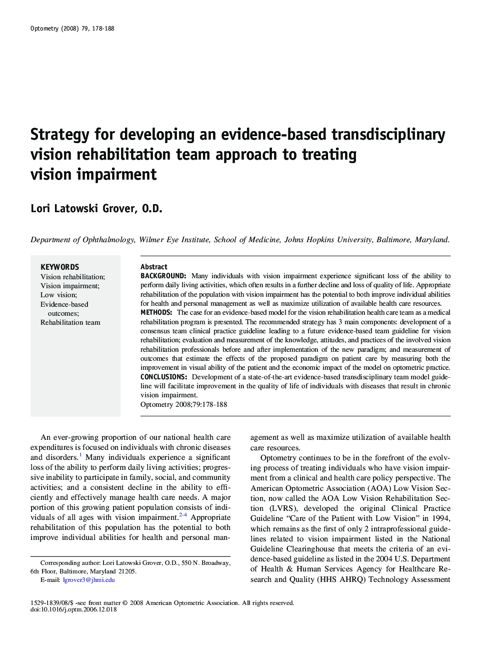Strategy for developing an evidence-based transdisciplinary vision rehabilitation team approach to treating vision impairment