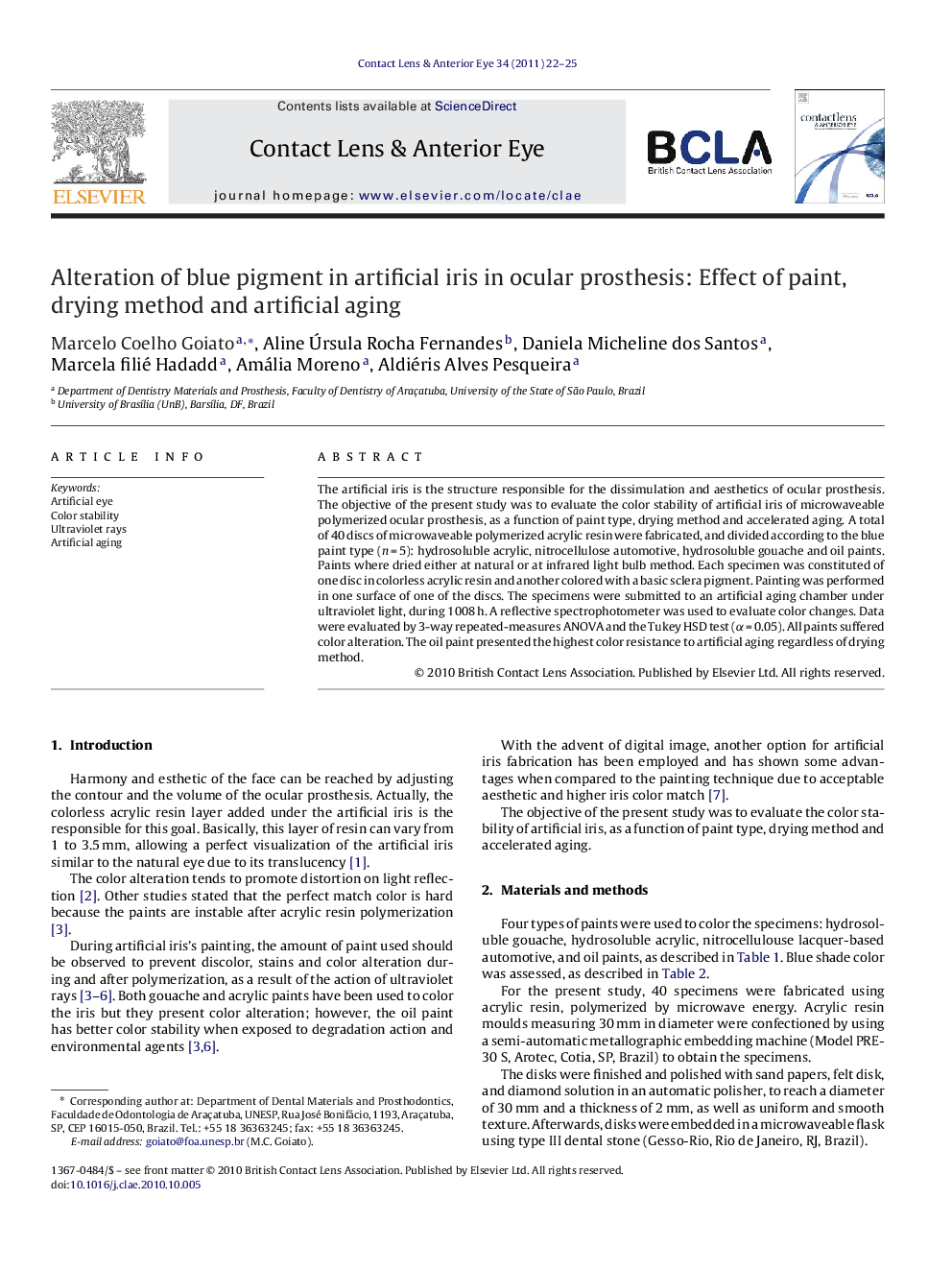 Alteration of blue pigment in artificial iris in ocular prosthesis: Effect of paint, drying method and artificial aging