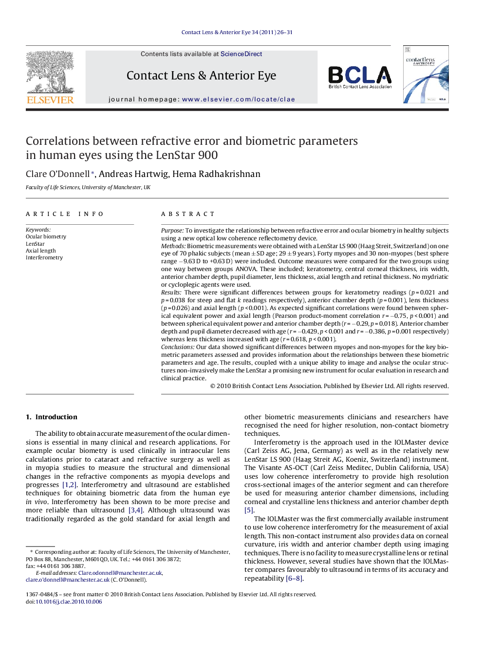 Correlations between refractive error and biometric parameters in human eyes using the LenStar 900