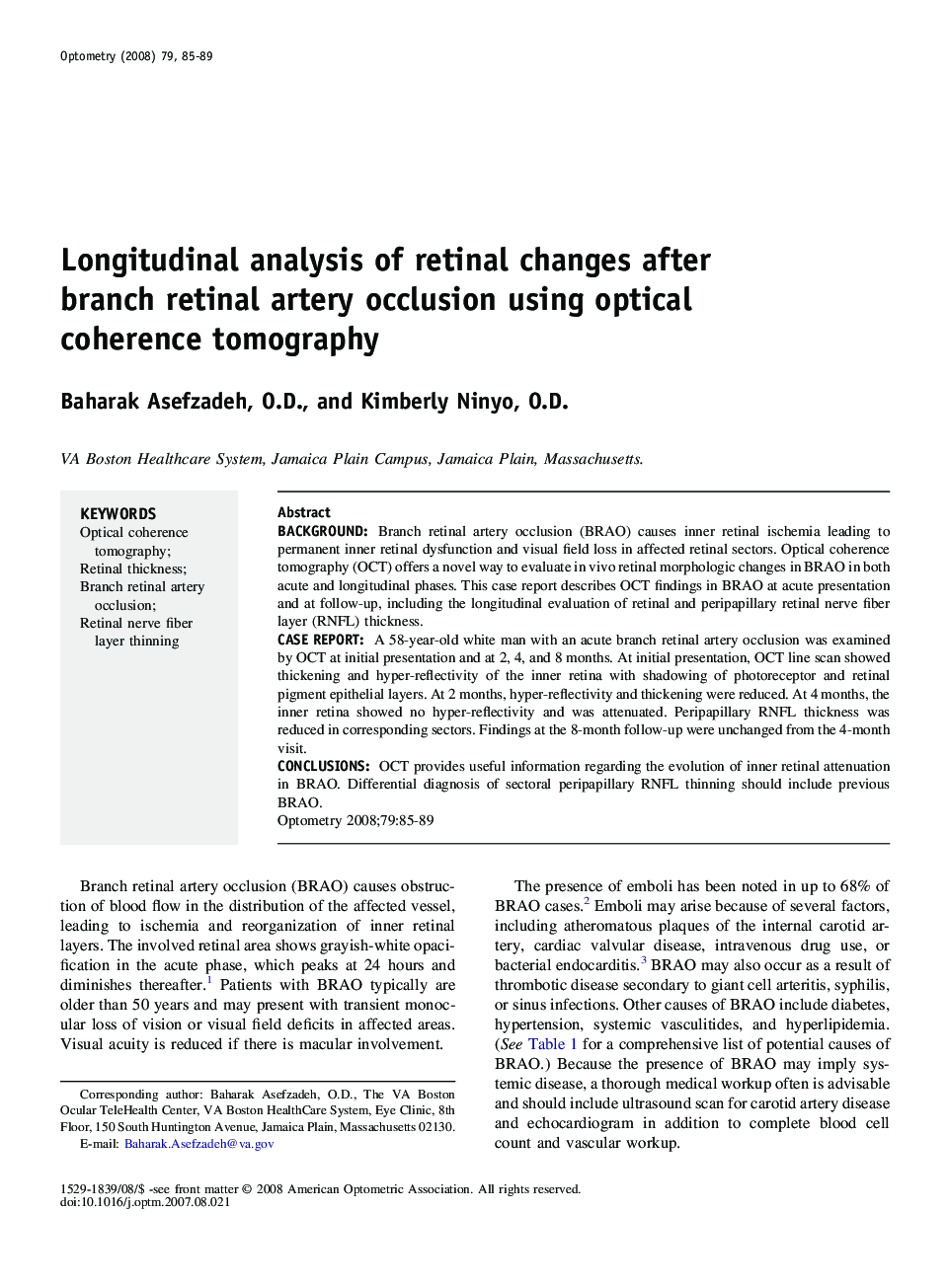 Longitudinal analysis of retinal changes after branch retinal artery occlusion using optical coherence tomography