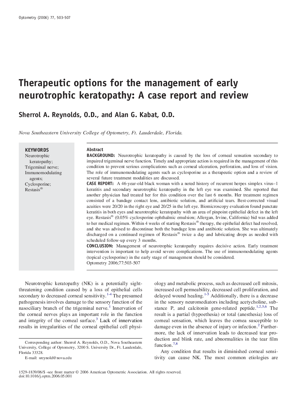 Therapeutic options for the management of early neurotrophic keratopathy: A case report and review