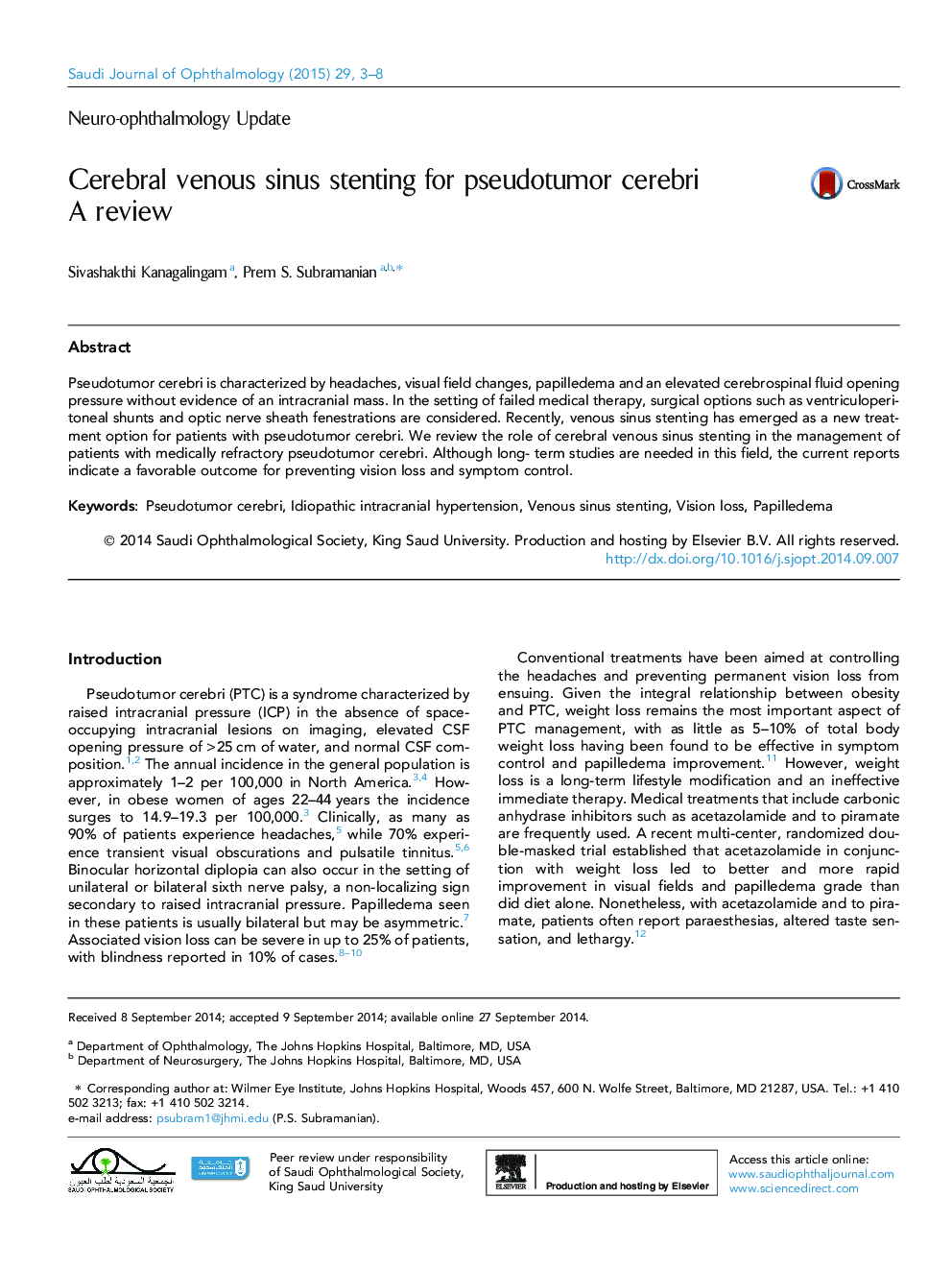 Cerebral venous sinus stenting for pseudotumor cerebri: A review 