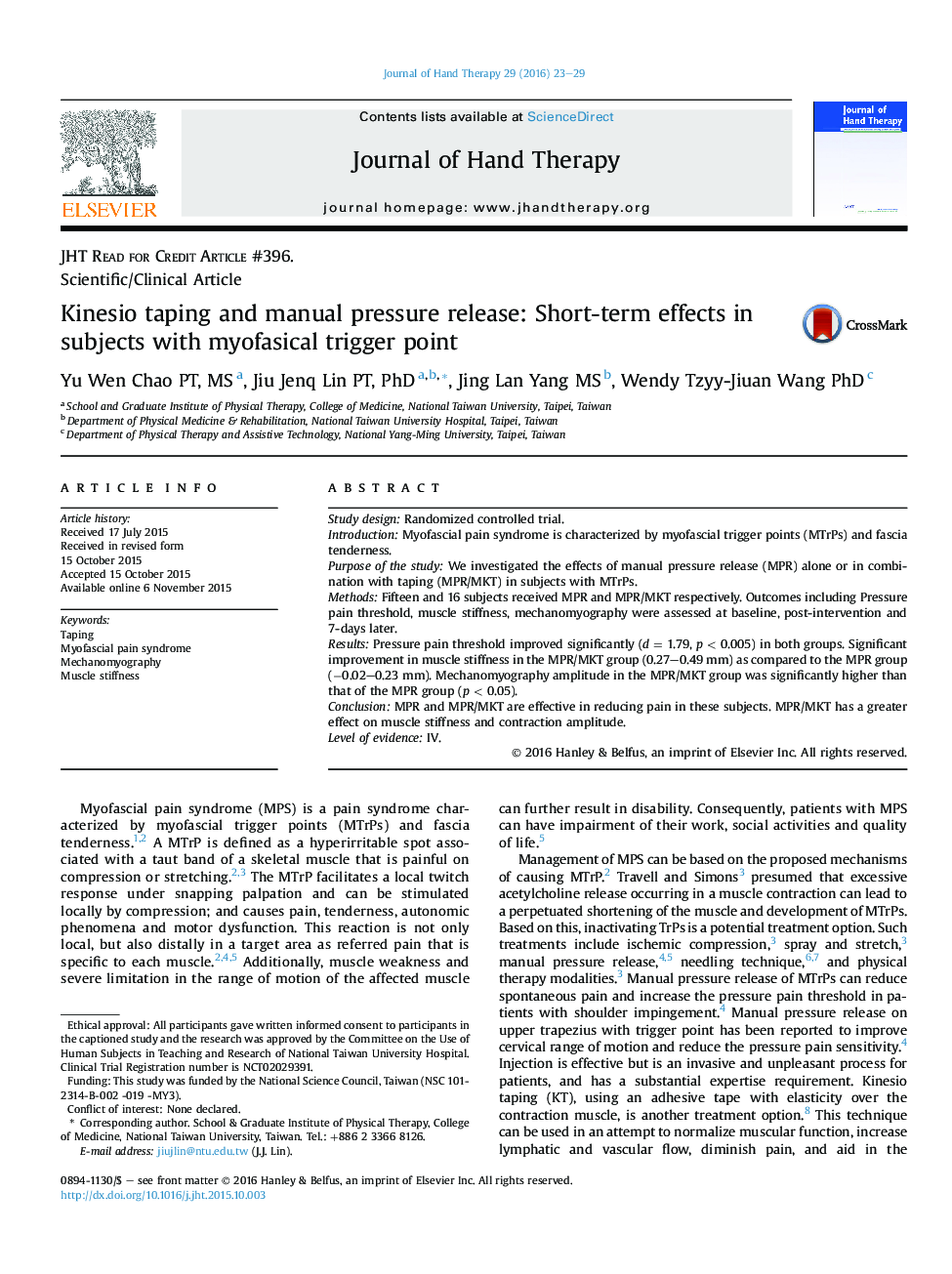 Kinesio taping and manual pressure release: Short-term effects in subjects with myofasical trigger point 