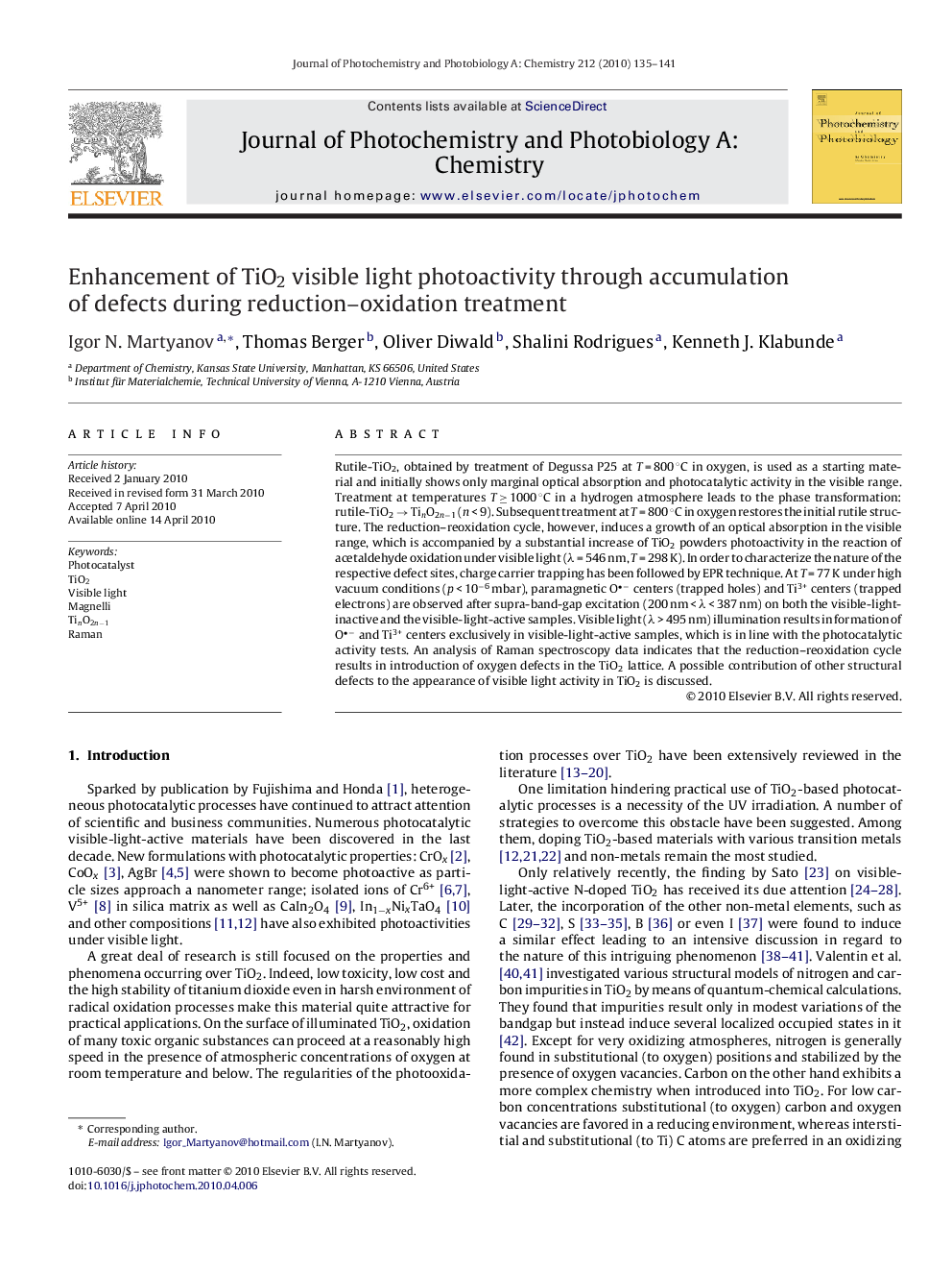 عکس صفحه اول مقاله: Enhancement of TiO2 visible light photoactivity through accumulation of defects during reduction–oxidation treatment Enhancement of TiO2 visible light photoactivity through accumulation of defects during reduction–oxidation treatment