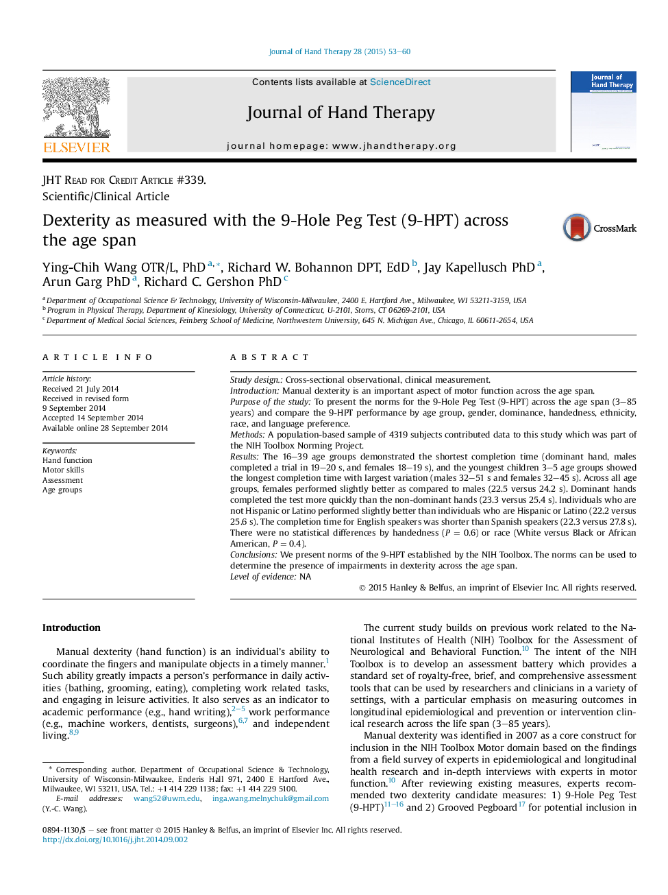 Dexterity as measured with the 9-Hole Peg Test (9-HPT) across the age span