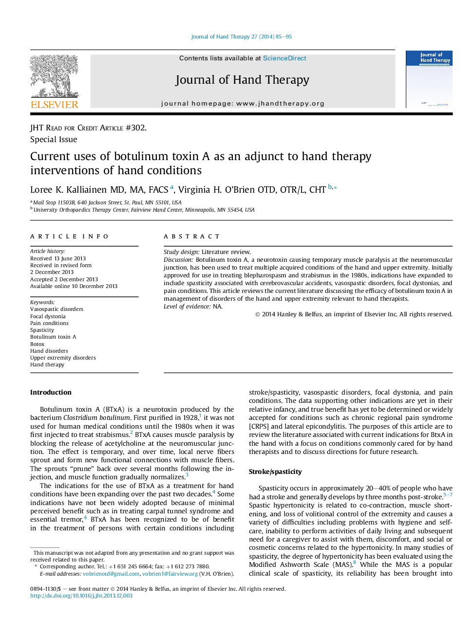 Current uses of botulinum toxin A as an adjunct to hand therapy interventions of hand conditions 