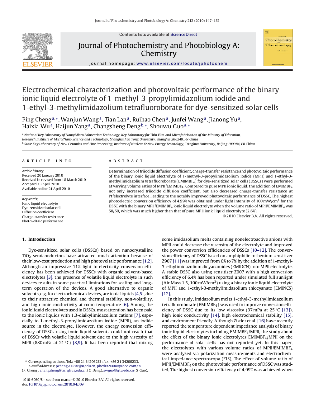 عکس صفحه اول مقاله: Electrochemical characterization and photovoltaic performance of the binary ionic liquid electrolyte of 1-methyl-3-propylimidazolium iodide and 1-ethyl-3-methylimidazolium tetrafluoroborate for dye-sensitized solar cells Electrochemical characterization and photovoltaic performance of the binary ionic liquid electrolyte of 1-methyl-3-propylimidazolium iodide and 1-ethyl-3-methylimidazolium tetrafluoroborate for dye-sensitized solar cells